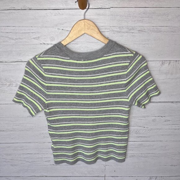H&M Top Womens Size Medium Gray, White and Neon Yellow Divided Striped Ribbed - Picture 10 of 11
